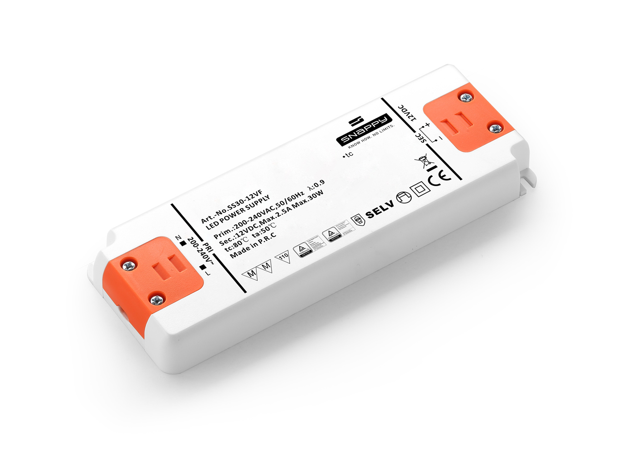 SS30-12VF  SS, 30W, Constant Voltage Non Dimmable PC LED Driver, 12VDC, 2.5A, Pf>0.9, Efficency >80%, TC:+85?, TA:45?, IP20, Screw Connection, 3 yrs Warranty.